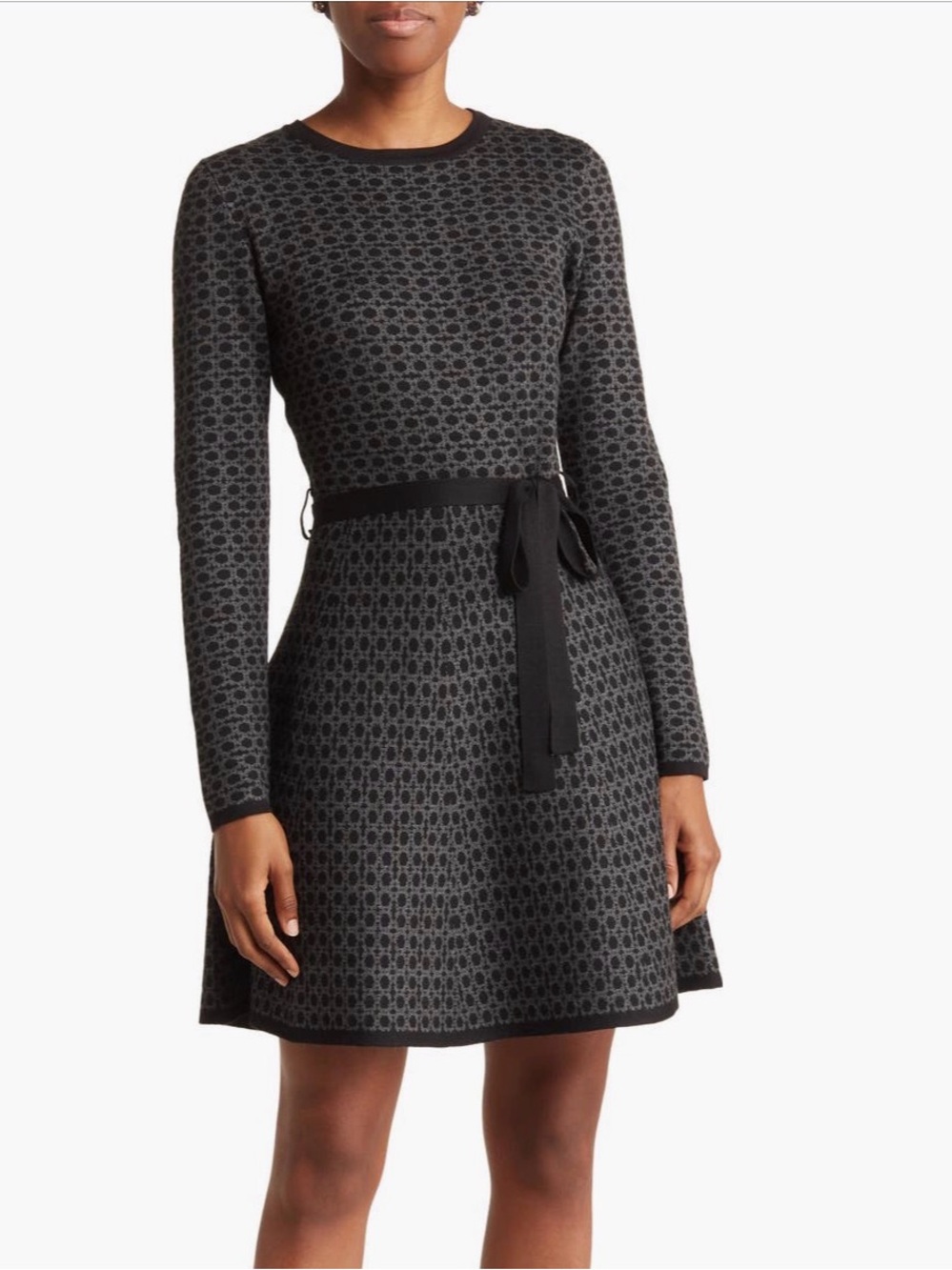 Max Studio Black and Gray Long-Sleeve Knit Dress with Waist Tie